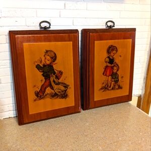 Vintage Wooden Wall Plaques Boy and Girl Hummel Print of Children Mid Century